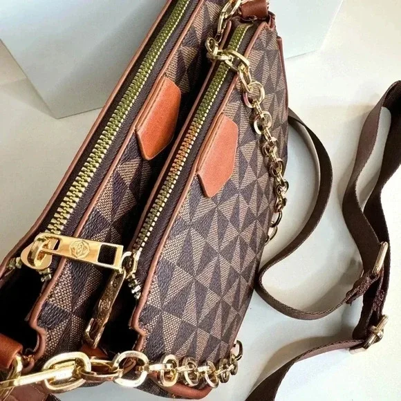 Designer Style Monogram Crossbody Bag Brown Gold Chain NWT - Picture 7 of 13